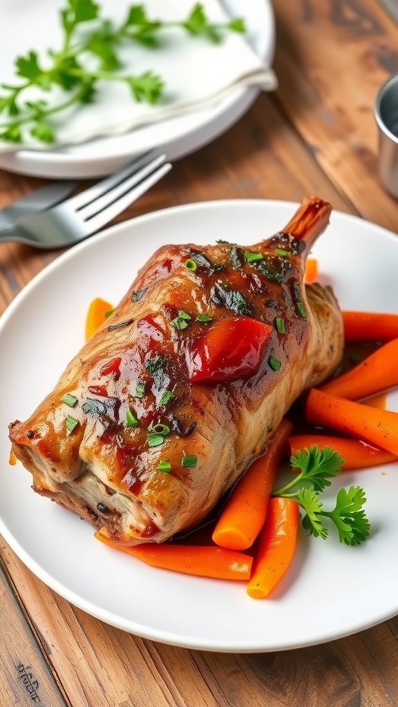 Plate of tender slow-cooked pork neck with carrots and fresh herbs on a rustic table.